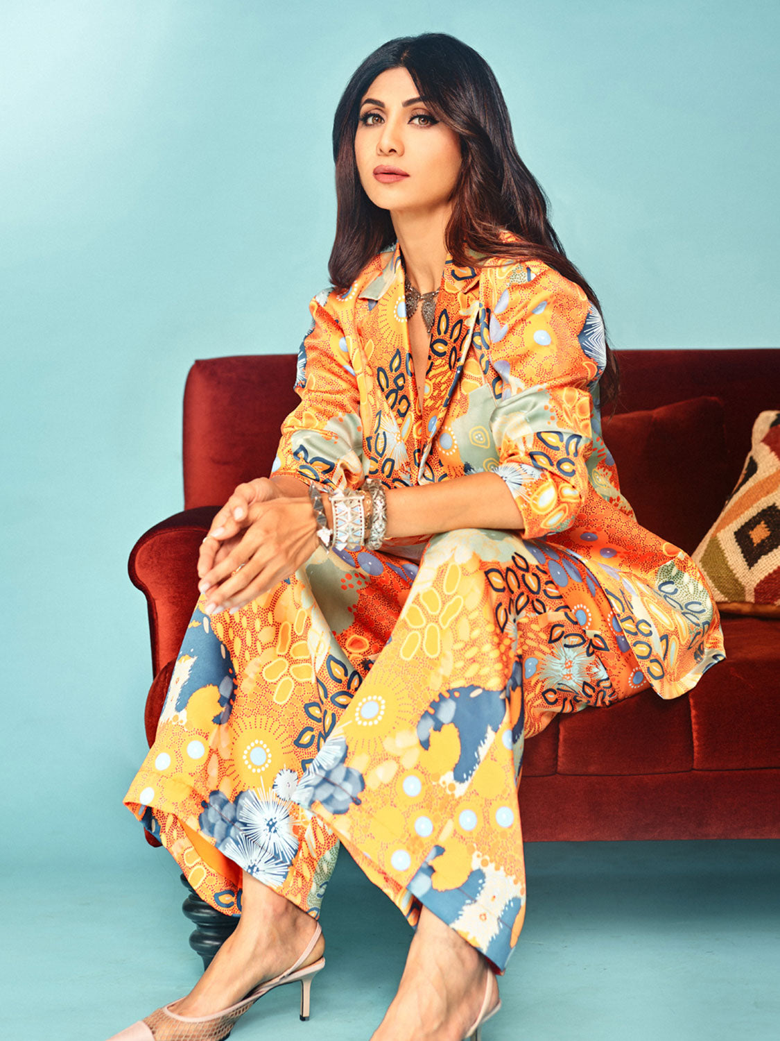 Shilpa Shetty In Ocean print bustier blazer and pants