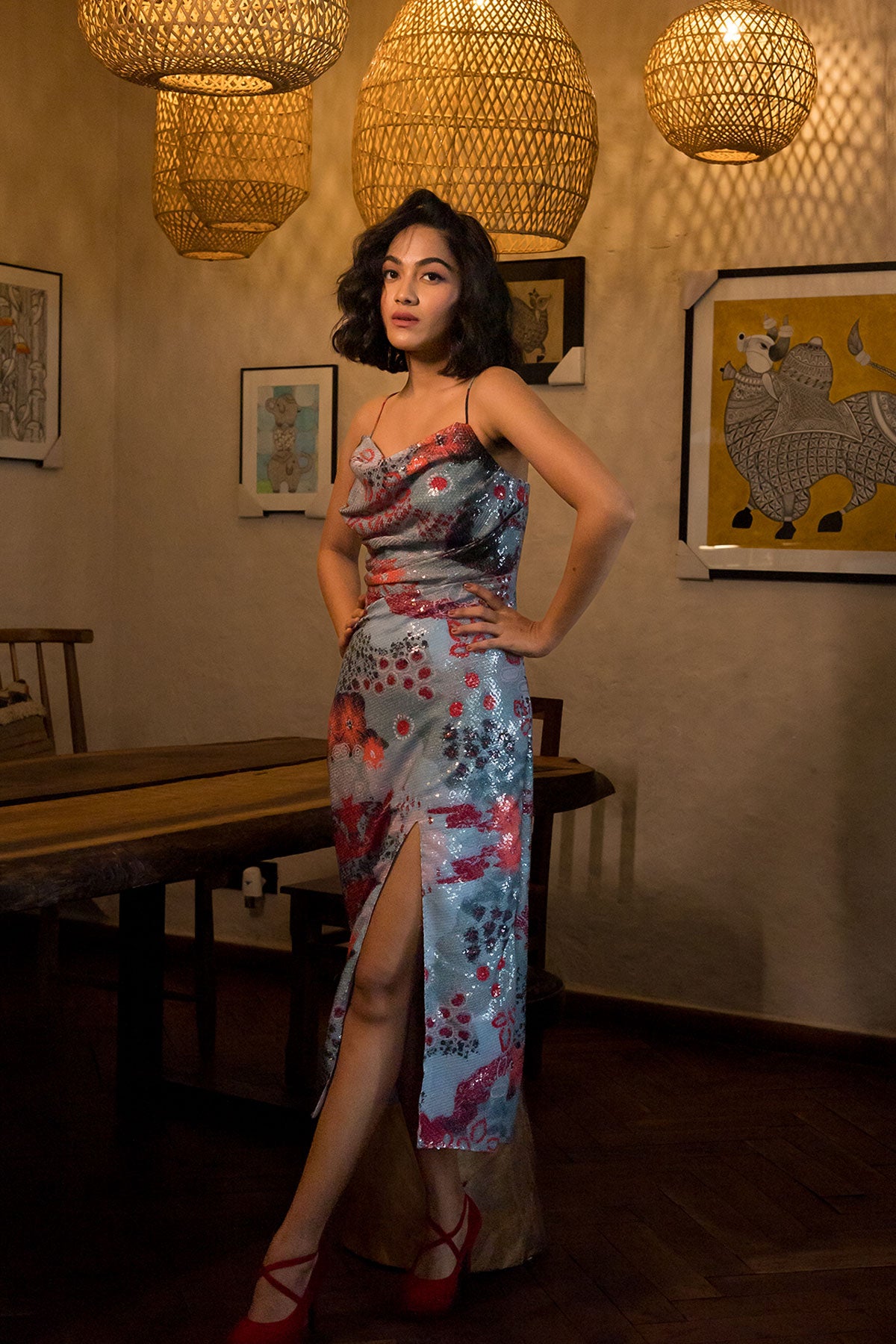 Ocean print cowl neck dress