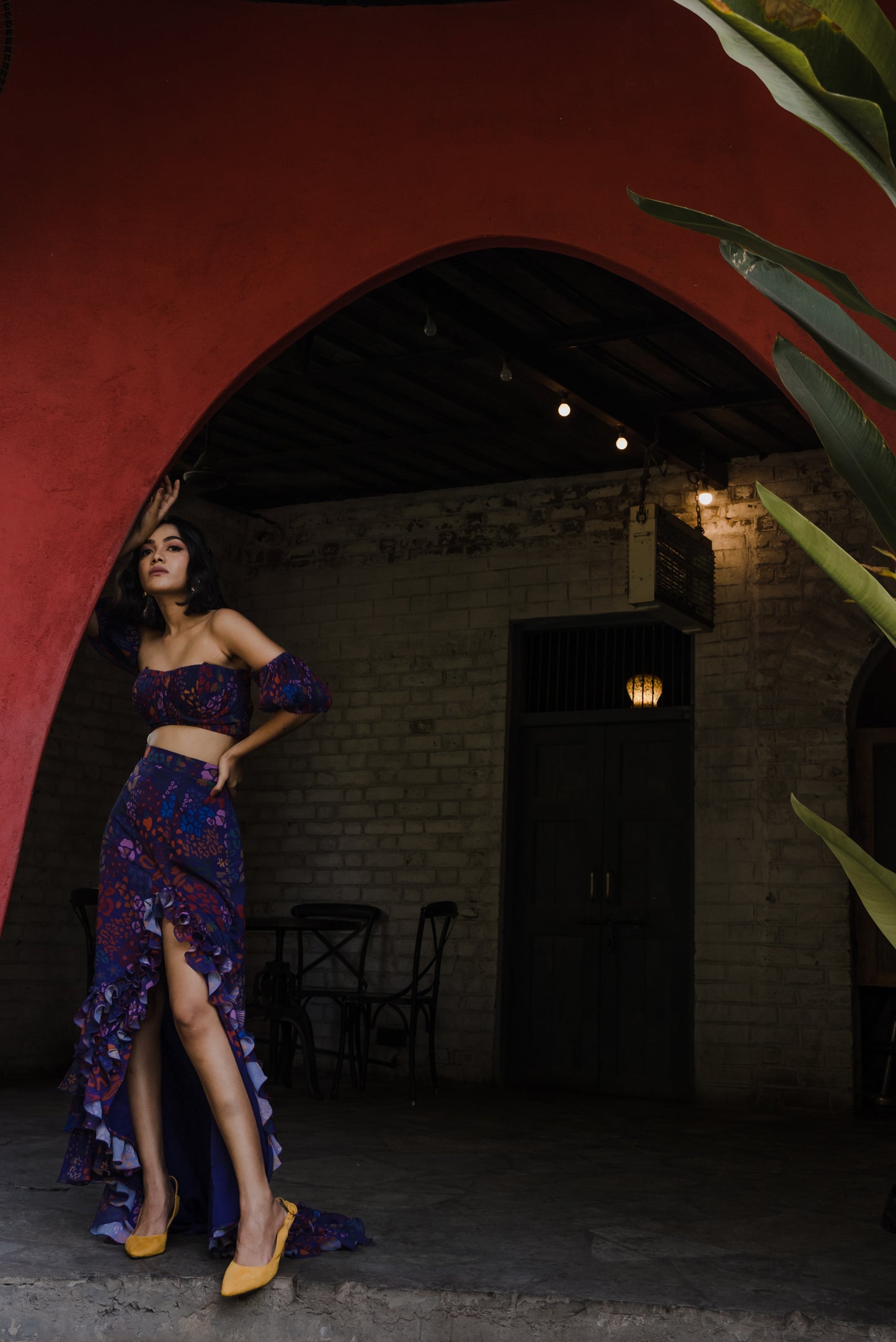 Fruit print off shoulder top and skirt
