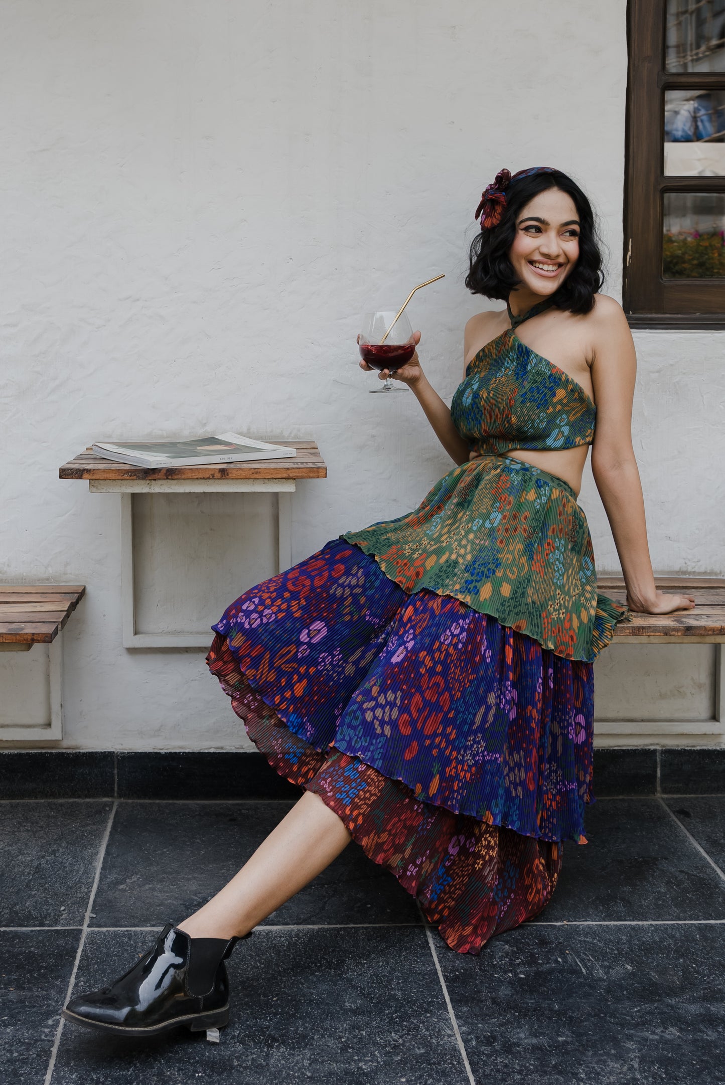 Fruit print halter neck dress