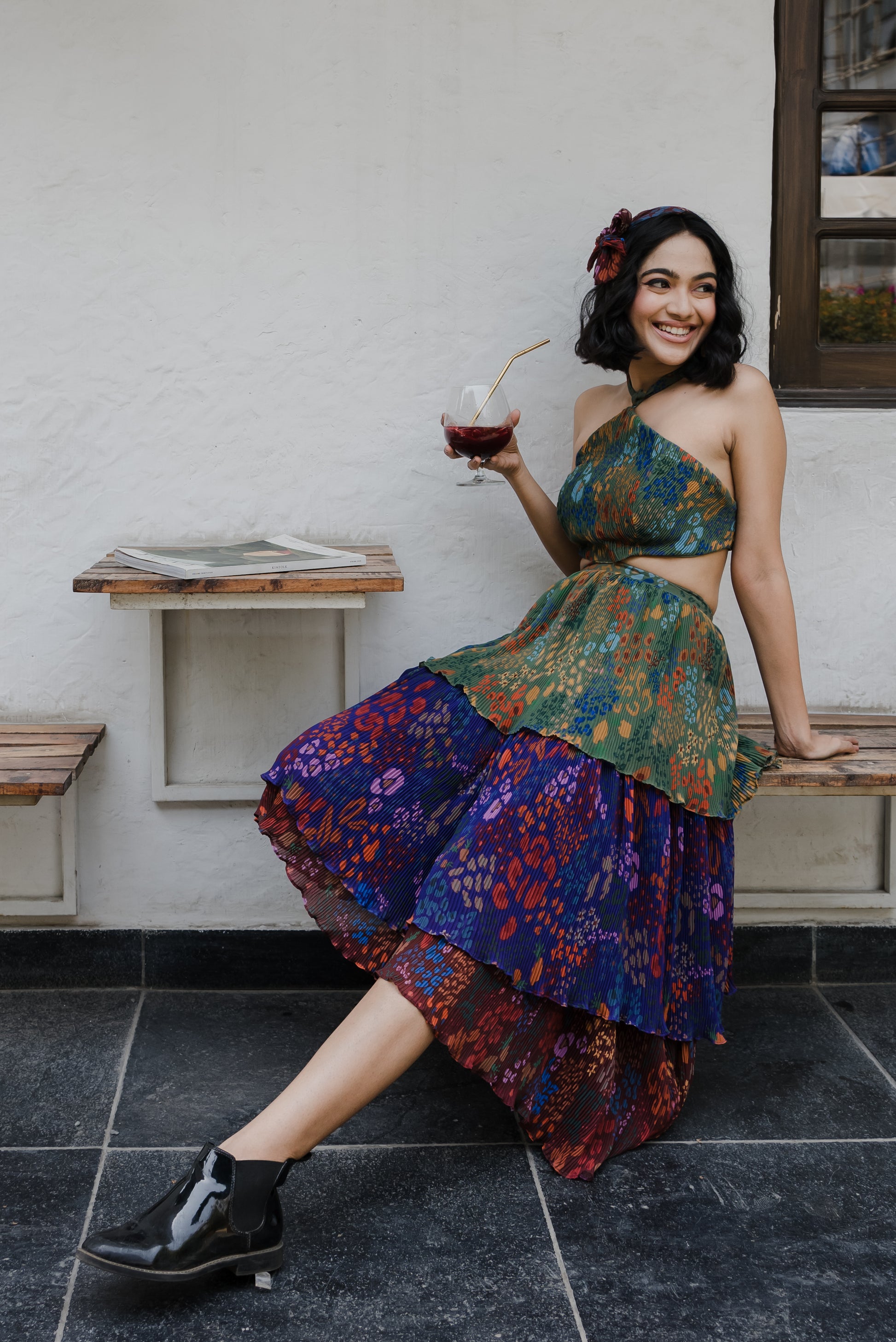 Fruit print halter neck dress