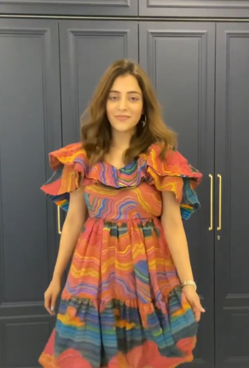 Nisha Agarwal  In mountain print ruffle dress